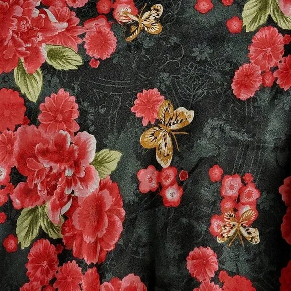 VTG Rave Womens Black Satin Floral Butterfly Kimono Bell Sleeves V-Neck Top L - Picture 7 of 8